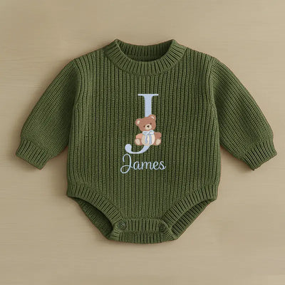 Initial Name Bear Embroidery Baby Romper