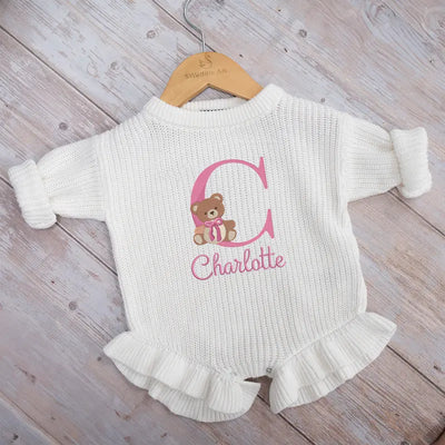 Initial Name Bear Embroidery Baby Romper