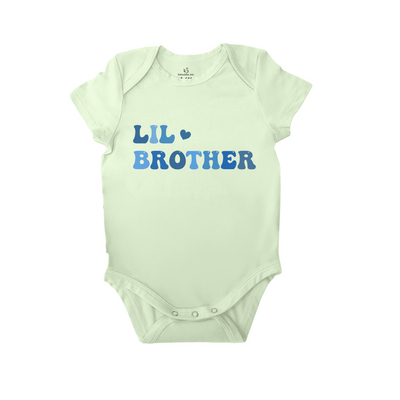 Light green baby onesie with 'LIL BROTHER' text on a white background