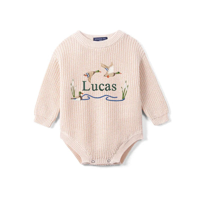 Custom Name Mallard Duck Baby Knit Romper