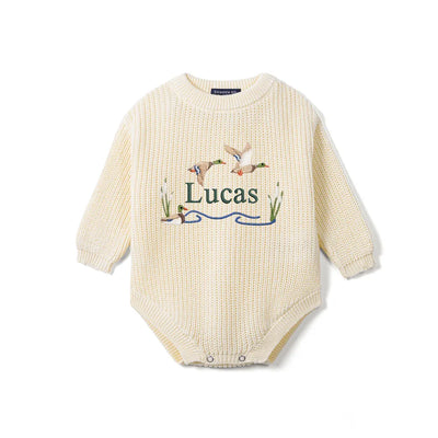 Custom Name Mallard Duck Baby Knit Romper