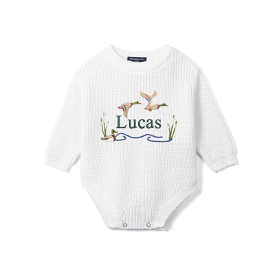 Custom Name Mallard Duck Baby Knit Romper