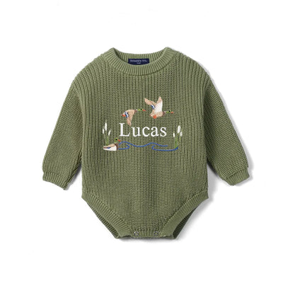 Custom Name Mallard Duck Baby Knit Romper