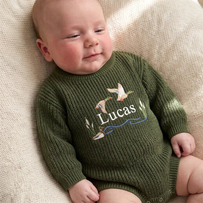 Custom Name Mallard Duck Baby Knit Romper