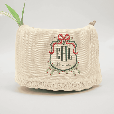 Monogram Crest Christmas Embroidered Baby Blanket