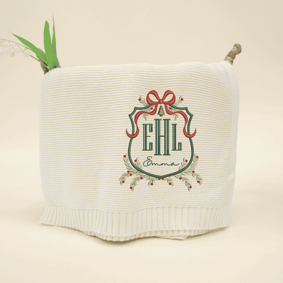 Monogram Crest Christmas Embroidered Baby Blanket