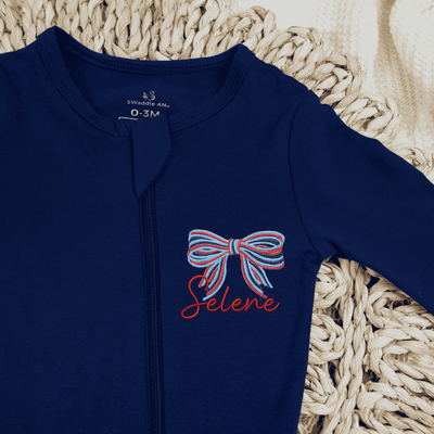 Embroidered Patriotic Striped Bow Baby Pajamas - SwaddleAn