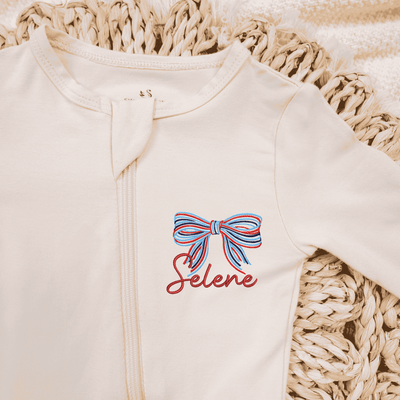 Embroidered Patriotic Striped Bow Baby Pajamas - SwaddleAn