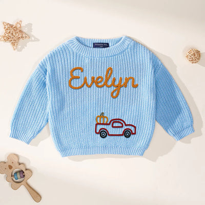 Personalized Tractor Pumpkin Hand Embroidery Baby Sweater