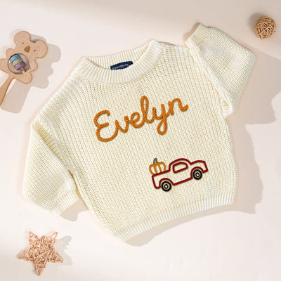 Personalized Tractor Pumpkin Hand Embroidery Baby Sweater