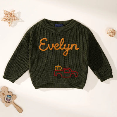 Personalized Tractor Pumpkin Hand Embroidery Baby Sweater