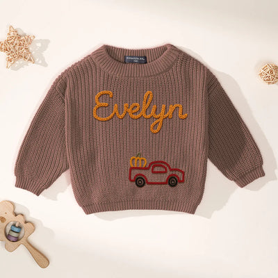 Personalized Tractor Pumpkin Hand Embroidery Baby Sweater