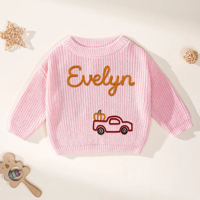 Personalized Tractor Pumpkin Hand Embroidery Baby Sweater