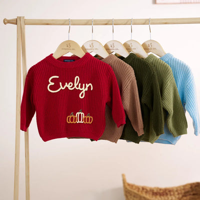 Personalized Tractor Pumpkin Hand Embroidery Baby Sweater