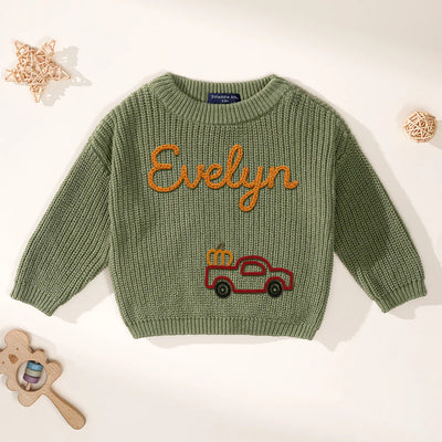 Personalized Tractor Pumpkin Hand Embroidery Baby Sweater