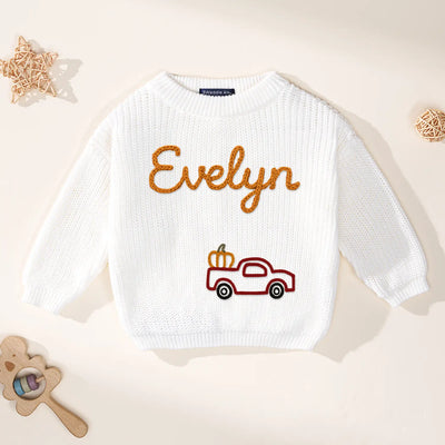Personalized Tractor Pumpkin Hand Embroidery Baby Sweater