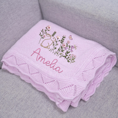 Personalized Baby Bunny Wildflower Newborn Blanket in Purple 2