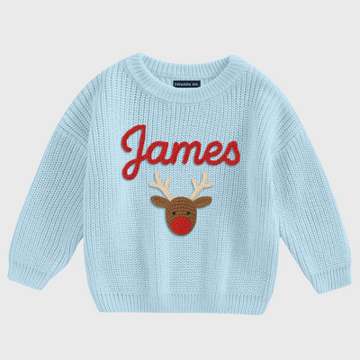 Personalized Christmas Reindeer Baby Sweater in Baby Blue