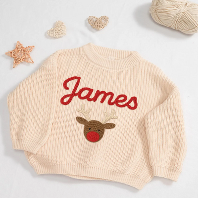 Personalized Christmas Reindeer Baby Sweater in Cream