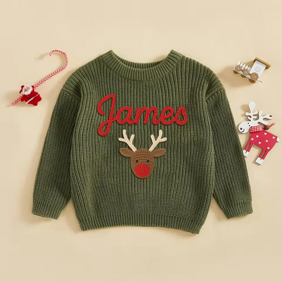 Personalized Christmas Reindeer Baby Sweater in Forest Green