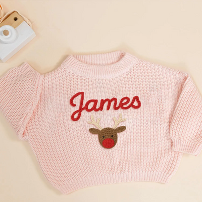 Personalized Christmas Reindeer Baby Sweater in Pink