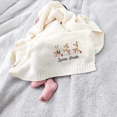 Personalized Cute Reindeer Christmas Embroidery Blanket