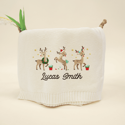 Personalized Cute Reindeer Christmas Embroidery Blanket