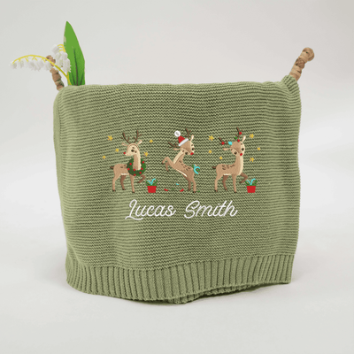 Personalized Cute Reindeer Christmas Embroidery Blanket