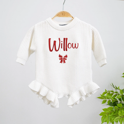 Personalized Embroidered Bow Ruffle Baby Romper
