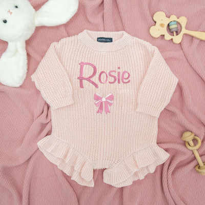 Personalized Embroidered Bow Ruffle Baby Romper in Light Pink