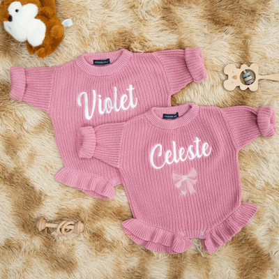 Personalized Embroidered Bow Ruffle Baby Romper in Pink