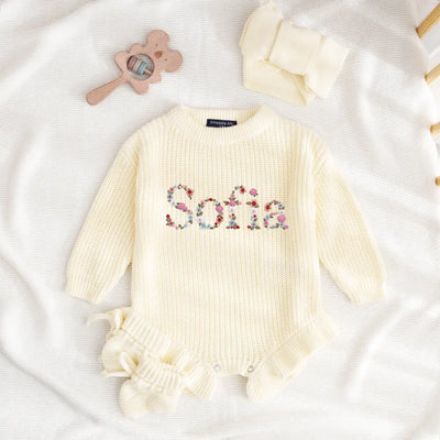 Personalized Embroidered Floral Knit Romper