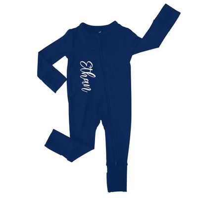 Blue baby onesie with 'Elow' text on a white background