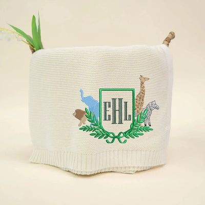 Personalized Embroidered Safari Animals Baby Monogram Blanket SwaddleAn