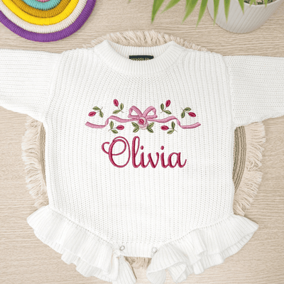 Personalized Embroidery Bow Floral Baby Romper - SwaddleAn