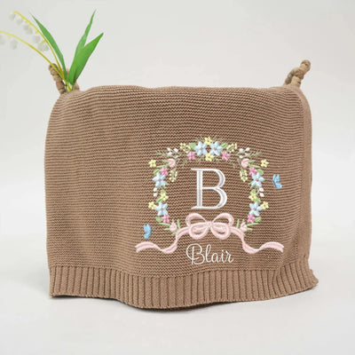 Personalized Embroidery Floral Baby Knit Blanket SwaddleAn