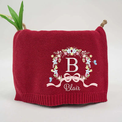 Personalized Embroidery Floral Baby Knit Blanket SwaddleAn