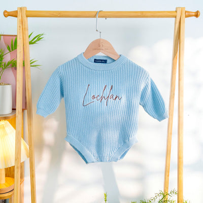 Personalized Embroidery Name Baby Knit Romper in Blue
