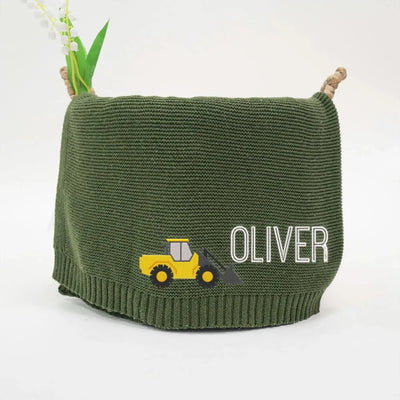 Personalized Excavator Truck Baby Knit Blanket SwaddleAn