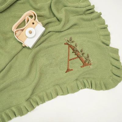 Personalized Floral Alphabet Embroidery Baby Blanket in Sage Green