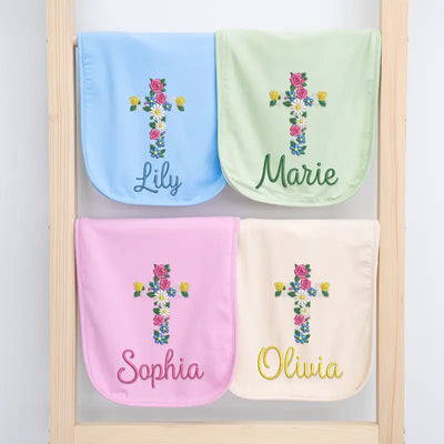 Personalized Floral Cross Baby Burp Cloths - SwaddleAn