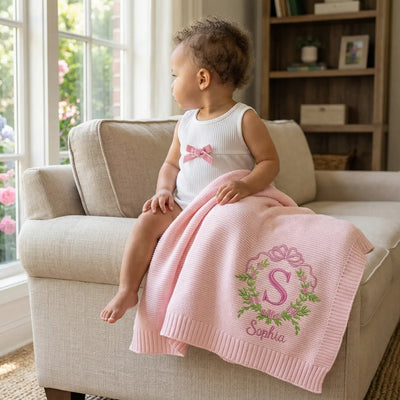 Personalized Floral Leaf Embroidery Initial Baby Blanket