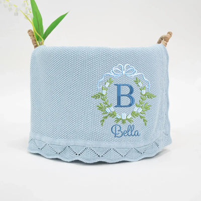 Personalized Floral Leaf Embroidery Initial Baby Blanket SwaddleAn