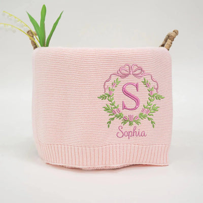 Personalized Floral Leaf Embroidery Initial Baby Blanket SwaddleAn