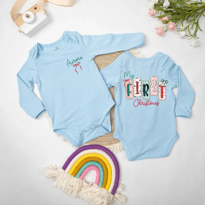 Personalized Girly First Christmas Bow Baby Bodysuit Bodysuit