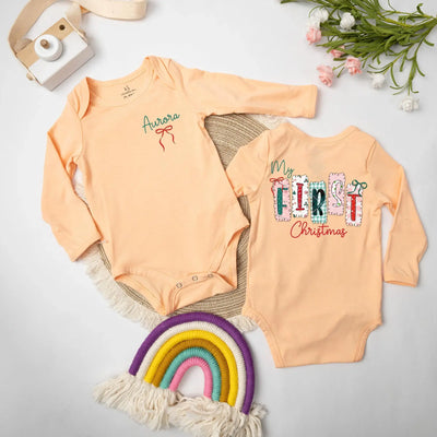 Personalized Girly First Christmas Bow Baby Bodysuit Bodysuit