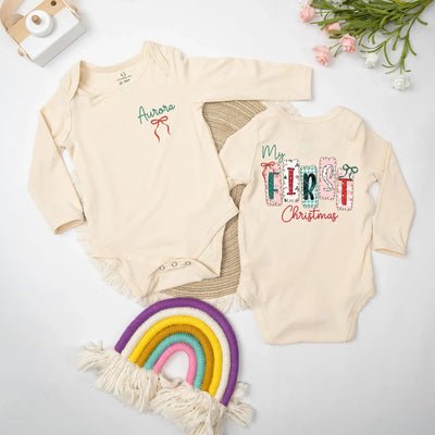 Personalized Girly First Christmas Bow Baby Bodysuit Bodysuit