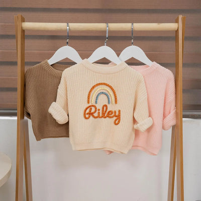 Personalized Hand Embroidery Rainbow Knit Baby Name Sweater