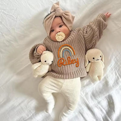 Personalized Hand Embroidery Rainbow Knit Baby Name Sweater