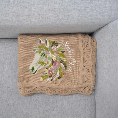 Personalized Horse Floral Baby lanket in Chocolate
